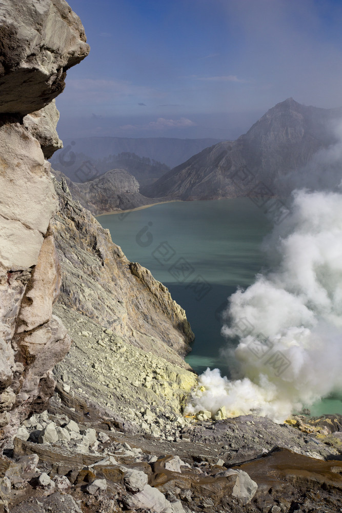 硫蒸汽从火山口湖kaweh官网与绿松石水