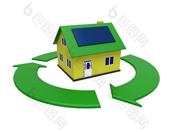 能源非常<strong>高效</strong>。房子与太阳能面板绿色圆呈现白色背景