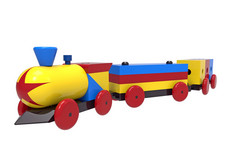 火车色彩斑斓的木玩具呈现白色背景