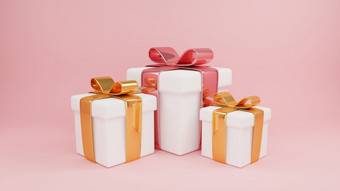 渲染粉红色的礼物盒子与金丝带弓柔和的粉红色的背景现在摘要商业为女人有创意的现实的最小的礼物