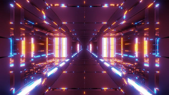 未来主义的金属科幻空间隧道走廊插图壁纸背景发光的灯和反射未来科幻建筑呈现体系结构设计未来主义的金属科幻空间隧道走廊插图壁纸背景发光的灯和反射