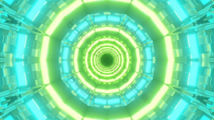插图几何背景没完没了的轮形状的隧道发光的与蓝色的和绿色灯插图明亮的霓虹灯走廊