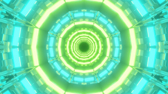 插图几何背景没完没了的轮形状的隧道发光的与蓝色的和绿色灯插图明亮的霓虹灯走廊
