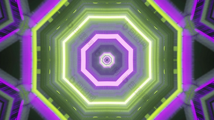 摘要几何背景呃插图未来主义的风格体系结构设计sci宇宙飞船走廊与闪闪发光的绿色和紫色的霓虹灯照明形状八角型钢发光的几何设计sci隧道呃插图