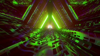 摘要视觉背景呃插图超现实主义的分形隧道与三角形形状的设计和发光的绿色霓虹灯照明虚拟隧道与霓虹灯灯呃插图
