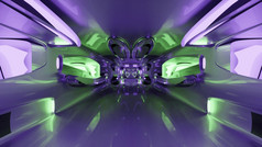 插图呃摘要背景几何未来主义的走廊与光滑的金属墙照亮与绿色和紫色的灯插图呃对称的sci隧道