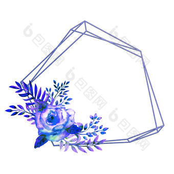的几何框架框架与蓝色的玫瑰花白色孤立的背景花海报邀请水彩作文为的装饰问候卡片邀请取向的几何框架框架与蓝色的玫瑰花白色孤立的背景花海报邀请水彩作文为的装饰问候卡片邀请