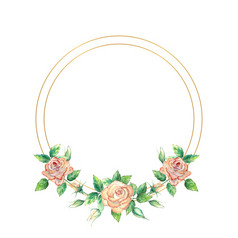 黄金几何框架装饰与花桃子玫瑰绿色叶子开放和关闭花水彩插图