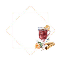 几何黄金框架与玻璃加香料的热酒柠檬和冬天召开水彩插图几何黄金框架与水彩玻璃加香料的热酒柠檬和冬天召开