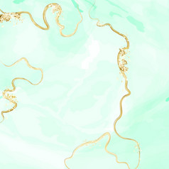 新鲜的绿色水彩背景与洒出来了和与金纹理大理石表面薄荷颜色纹理和油漆飞溅春天婚礼邀请