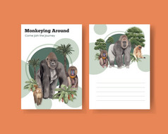 明信片模板与猴子的丛林概念水彩风格
