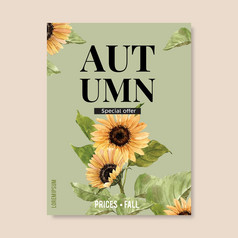 秋天主题海报设计与向日葵概念有创意的绿色插图模板