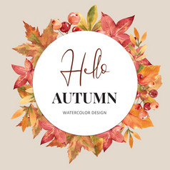 花环设计与秋天主题水彩画下降叶子温暖的向量插图模板