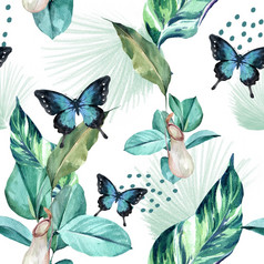 模式设计与蝴蝶和树叶有创意的cool-toned颜色向量插图模板
