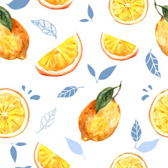 模式设计与柠檬和叶子主题白色背景水彩插图模板