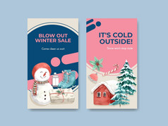 新浪微博模板与冬天出售概念设计为社会媒体和社区水彩向量插图