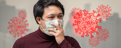 横幅亚洲男人。穿的脸面具对空气污染和电晕病毒在的重曼谷城市景观背景医疗保健和疫情概念