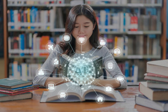 多边形大脑形状人工情报与各种各样的图标聪明的城市互联网的事情技术在亚洲年轻的学生休闲西装阅读的书图书馆大学