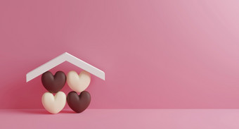 首页甜蜜的首页设计巧克力心房子粉红色的纸背景与复制空间渲染