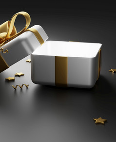 开放奢侈品银礼物盒子与黄金丝带渲染