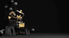 黑色的星期五出售横幅设计购物车和礼物盒子与纸袋黑色的背景渲染