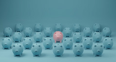 粉红色的小猪银行站出从人群相同的蓝色的研究员概念杰出的和不同的呈现