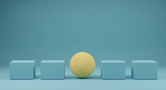黄色的球体杰出的在蓝色的盒子蓝色的背景概念杰出的和不同的有创意的呈现