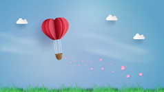 气球飞行在云与粉红色的心浮动的天空和散射粉红色的心的天空向量艺术和插图爱和情人节数字纸工艺风格纸艺术柔和的使用