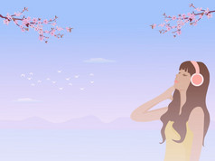 女人穿耳机站的海与樱桃花朵的背景