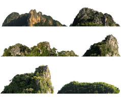 集合岩石山山与绿色森林隔离白色背景