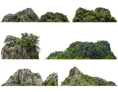 集合岩石山山与绿色森林隔离白色背景