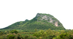 岩石山山与绿色森林隔离白色背景