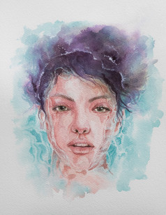 手画肖像水彩美女人水和游泳绘画插图白色纸背景