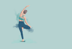 女人平衡头站瑜伽插图孤立的蓝色的背景与复制空间