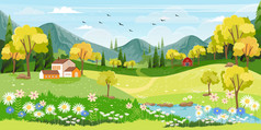 全景景观春天村与绿色草地山与蓝色的天空向量夏天春天景观全景农村绿色场与农舍精品和草花