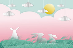 快乐复活节卡与兔子太阳云粉红色的天空背景向量插图纸减少和工艺风格为复活节一天向量插图
