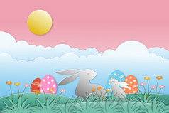 快乐复活节卡与兔子色彩鲜艳的复活节鸡蛋太阳云粉红色的天空背景向量插图纸减少和工艺风格为复活节一天向量插图