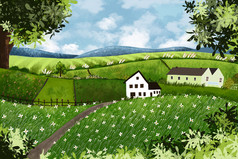 卡通春天景观与山蓝色的天空和云全景绿色字段农舍阳光明媚的一天夏天和平自然春天与草土地和野生花农村插图