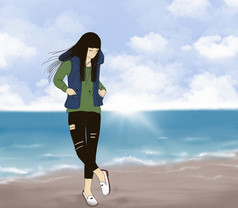插图年轻的女孩穿绿色跳投和黑色的牛仔裤站的海滩数字油漆放松少年走沙子插图可爱的卡通