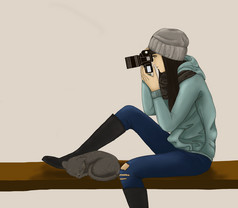 孤立的插图少年坐着的板凳上与睡觉猫和采取照片数字油漆女孩放松查尔拍摄照片