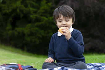 饿了小男孩吃新鲜的玉米粉圆<strong>饼包装</strong>与鸡培根和混合蔬菜可爱的学校男孩选址有野餐的公园孩子吃墨西哥三明治食物为他的晚餐