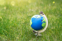 全球的地球地球站绿色草阳光明媚的一天春天夏天生态象征红色的心和绿色地图蓝色的全球草坪上的花园与复制空间概念地球一天