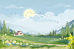 春天景观阳光明媚的一天村与草地山与蓝色的天空全景农村绿色场与农舍山和草花向量夏天春天自然背景