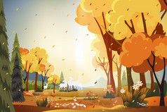 幻想全景风景农村秋天全景中期秋天与农场场山南瓜和叶子下降从树黄色的树叶仙境景观秋天季节