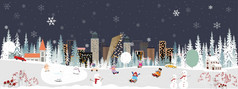 全景冬天景观圣诞节和新一年庆祝的城市向量水平横幅冬天仙境的小镇与快乐孩子们滑雪橇和极地熊玩的公园
