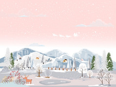 冬天景观场景圣诞节晚上小村与房子山和圣诞老人雪橇和驯鹿飞行在的天空与雪下降向量水平横幅冬天仙境