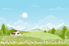 春天绿色字段景观与山蓝色的天空和云背景全景和平农村自然春天与绿色草土地卡通向量插图为春天和夏天横幅