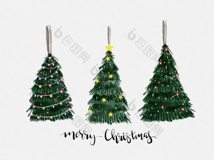 集水彩画油漆圣诞节树与红色的弓明星光灯泡装饰白色水彩纸背景插图快乐圣诞节greeeting卡