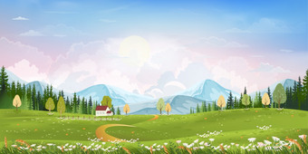 春天绿色字段景观与山<strong>粉红色的</strong>蓝色<strong>的</strong>天空和云背景全景农村自然春天与绿色草土地卡通向量插图为春天和夏天横幅