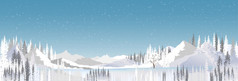 冬天仙境景观的湖覆盖与霜树的雪地里神奇的冬天森林美丽的自然与雪下降蓝色的天空背景插图地平线横幅